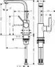 Waschtischmischer mit Schwenkauslauf von Hansgrohe, ausgestattet mit einem Hebel und einer Push-Open Ablaufgarnitur, dargestellt mit technischen Abmessungen und Details.